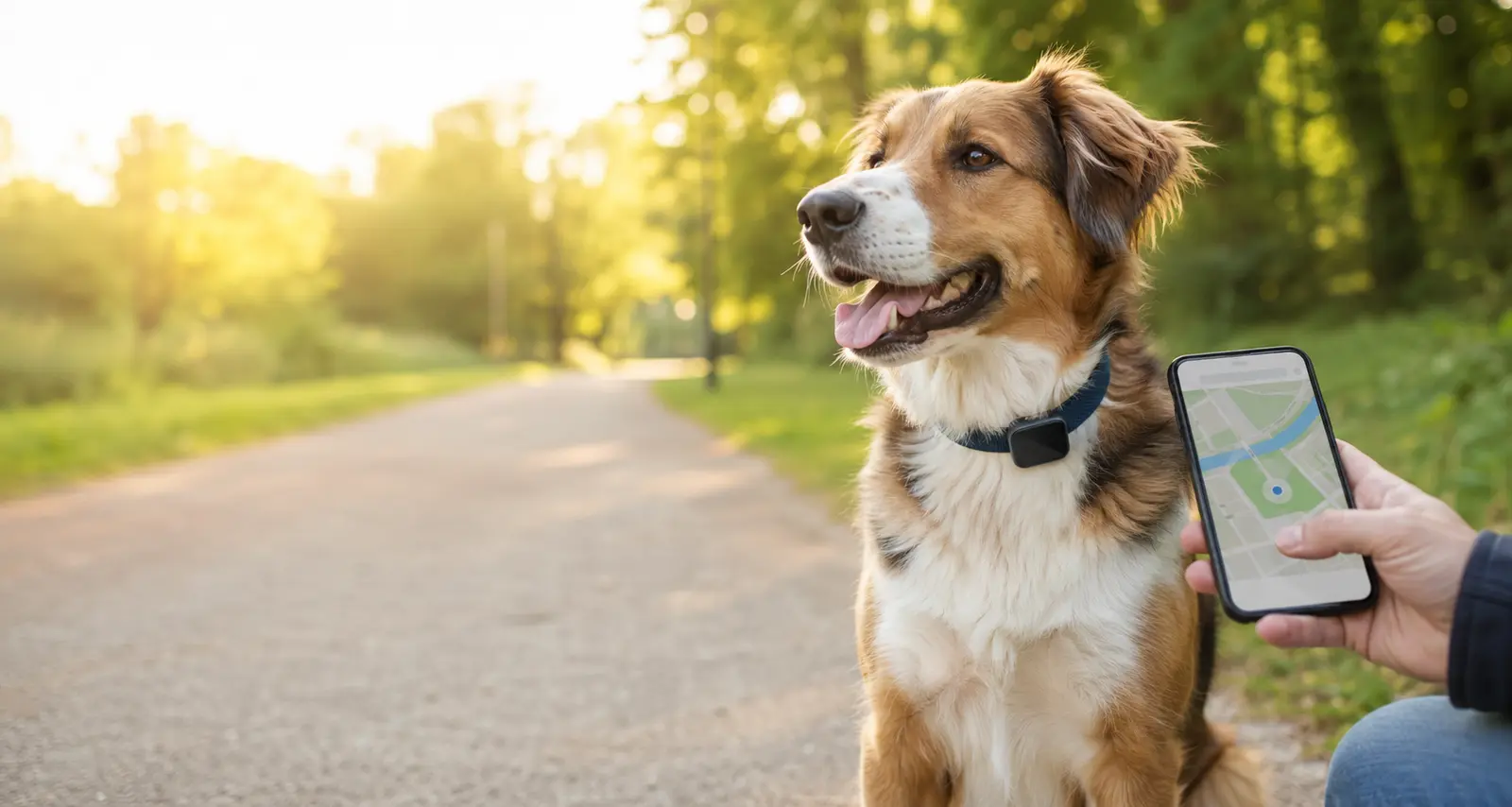 Chien équipé d’un traceur GPS accompagné d’un téléphone affichant une carte
