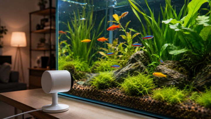 Caméra devant un aquarium pour surveiller les poissons sans reflets