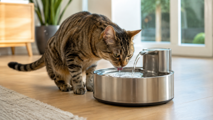 hat buvant dans une fontaine à eau moderne en acier inoxydable