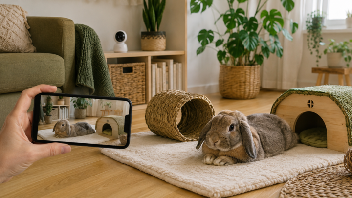 Animal seul à la maison surveillé à distance par une caméra intérieure