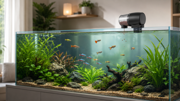 Aquarium équipé d’un distributeur automatique pour nourrir les poissons pendant une absence